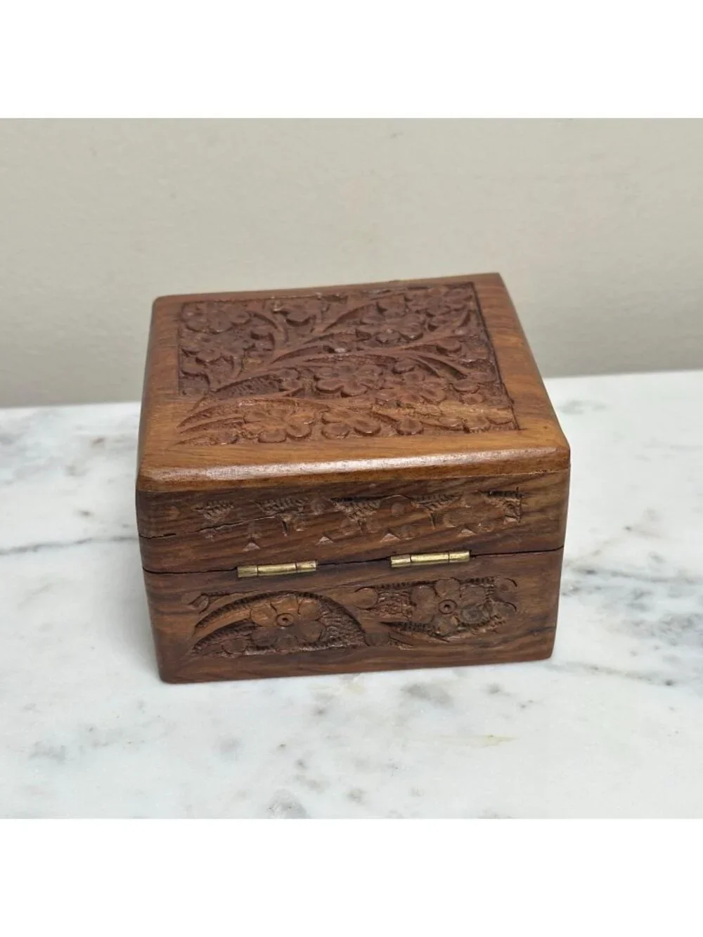 Hand Carved Wooden Keepsake Box, Floral Carved Wood Jewelry Box Vintage Style